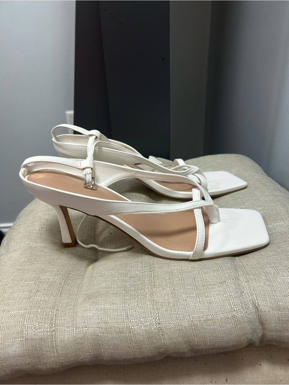 White Strappy Square-Toe Heels